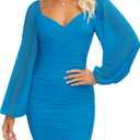 ZESICA Women's Sexy V Neck Ruched Bodycon Mini Dress Puff Long Sleeve Cocktail Wedding Party Short Dresses, CobaltBlue, Small