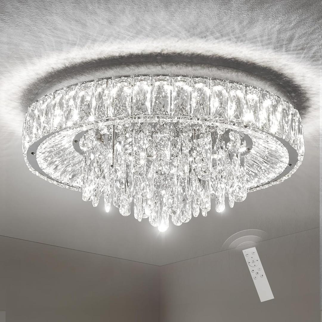 Modern Silver Ceiling Crystal Chandeliers: K9 Crystals Led Light Dimmable with Remote - 20" Round Semi Flush Mount Chandelier Crystal Ceilings Lighting Fixtures for Bedroom Dining Room Living Room