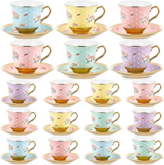 Teenyyou Set of 18 Tea Cups and Saucers Tea Party Decorations Floral Porcelain 5.4 oz British Gift for Women Birthday Party, Church, and Mother's Day (Vintage Style)