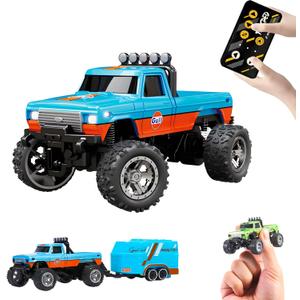 Mini Rc Truck, 1:64 Scale Monster Truck Remote Control Car with Lights, 2.4Ghz Remote Control, Speed/Steering Adjustable (Blue-A)