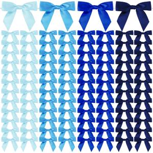 Christmas Twist Tie Bows, 100 Pcs Satin Twist Tie Bows for Treat Bag Satin Ribbon Tie Bows for Tying Up Packages Present Bags Bakery Candy Bags Decorating Ribbon Bow Gift Wrap Bows (Mix Blue)