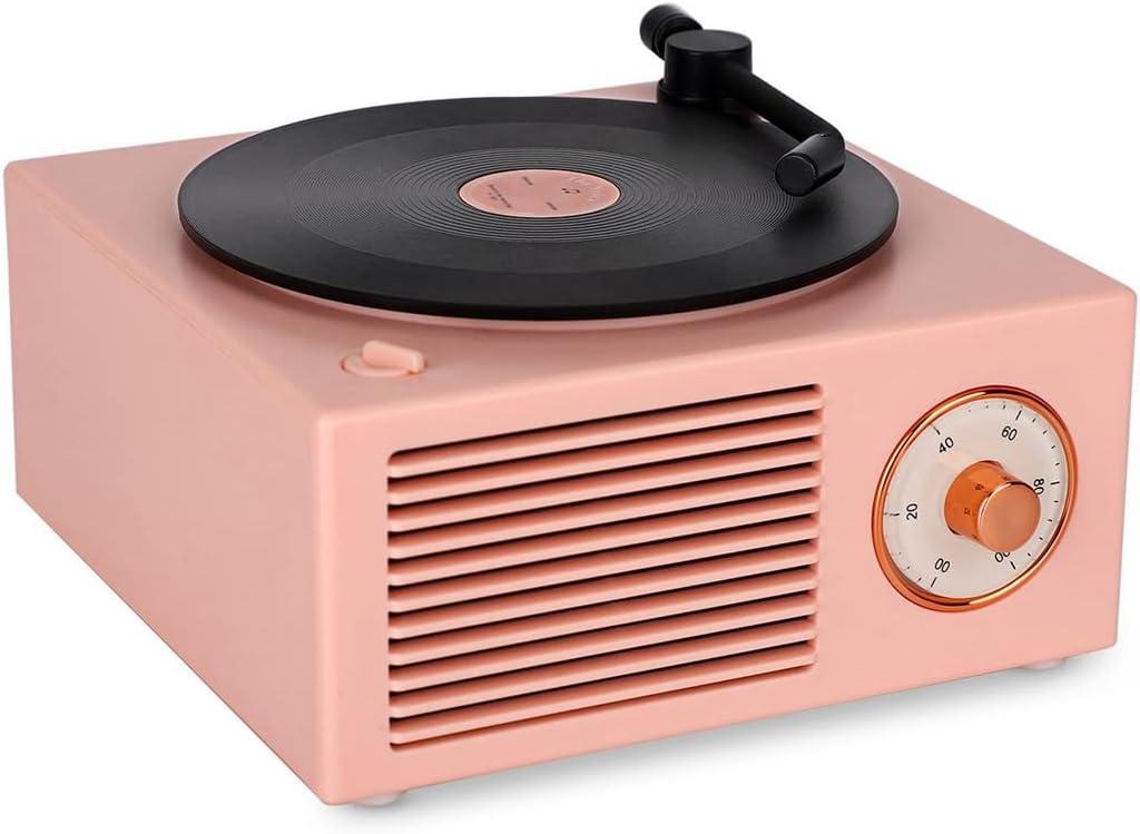Old Fashioned Classic Vinyl Record Player Style Bluetooth Speaker Pink Portable Stereo Sound Cute Look Gift for Girls Bass Enhancement Loud Volume Speaker