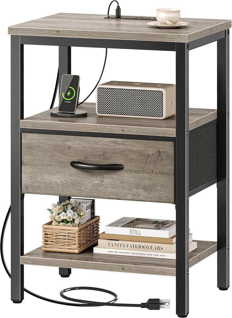 SUPERJARE Nightstand with Charging Station, Bed Side Table with Adjustable Fabric Drawer, Night Stand for Bedroom, 3-Tier Storage End Table, for Living Room, Oak (M (11.8"D x 15.7"W x 23.4"H))
