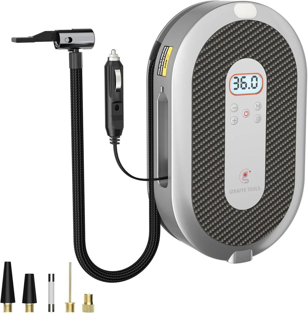 Giraffe Tools Tire Inflator Portable Air Compressor, 150 PSI 12V Car Air Pump with Digital Pressure Gauge, 13ft Cord Retraction Auto Tire Pump with Emergency LED Light for Bicycle, Motorcycle, Ball (Extra Large)