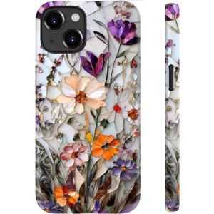 for iPhone 15 Case Cute - Wireless Charging Compatible - Dual-Layer Hard Shell + Silicone Cover - Aesthetic Protective Phone Case for Women - Marble Pressed Flowers