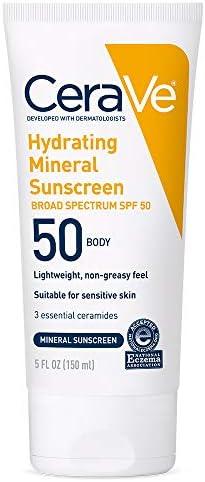 CeraVe 100% Mineral Sunscreen SPF 50 with Zinc Oxide & Titanium Dioxide, Hyaluronic Acid & Ceramides, Oil Free & Non-Greasy, Hydrating Mineral Sunscreen For Body, 5 oz