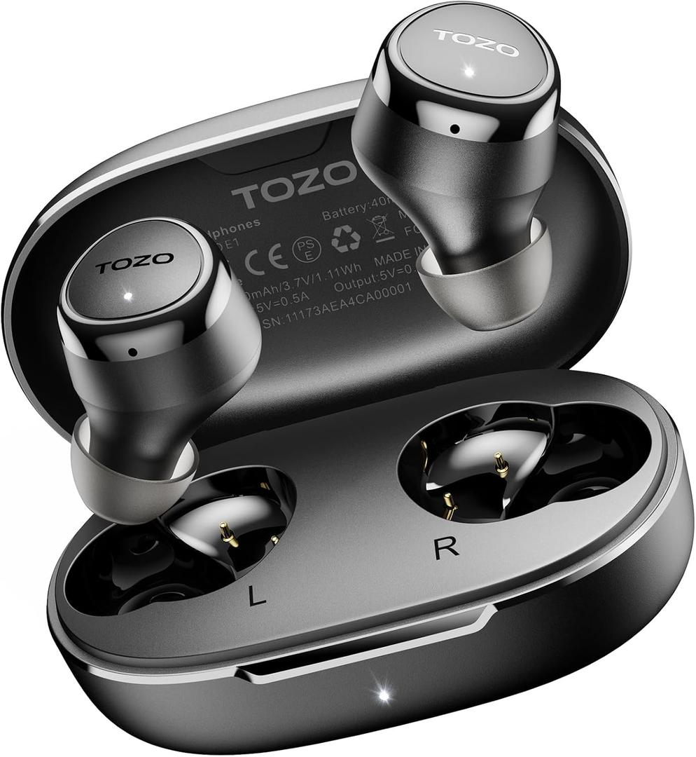 TOZO E1 Wireless Earbuds Build in Mic Clear Calls Ergonomic Light Weight Bluetooth 5.3 in Ear Headphones IPX6 Waterproof Premium Stereo Sound Ear Buds 30H Playtime with 32 EQs via APP, Black