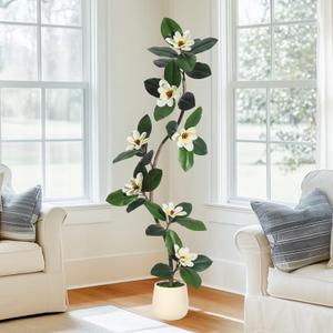 Rubber Tree 5 ft Artificial Tree in White Planter Pot, Faux Plants Indoor Faux Floor Plant Artificial Plants with 7 Pcs Magnolia Flowers for Home Decor, Artificial Fiddle Leaf Fig Tree for Office (Green)