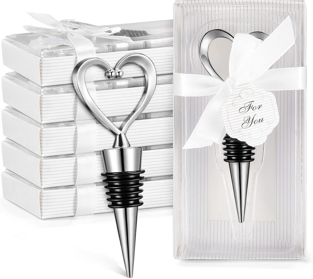 Ferraycle 30 Pcs Heart Wine Stoppers Wedding Bridal Shower Favor for Guests Silver Heart Wine Bottle Openers Champagne Stopper Wine Saver Metal Wine Cork Holder Plugs with Box for Wedding(Classic)