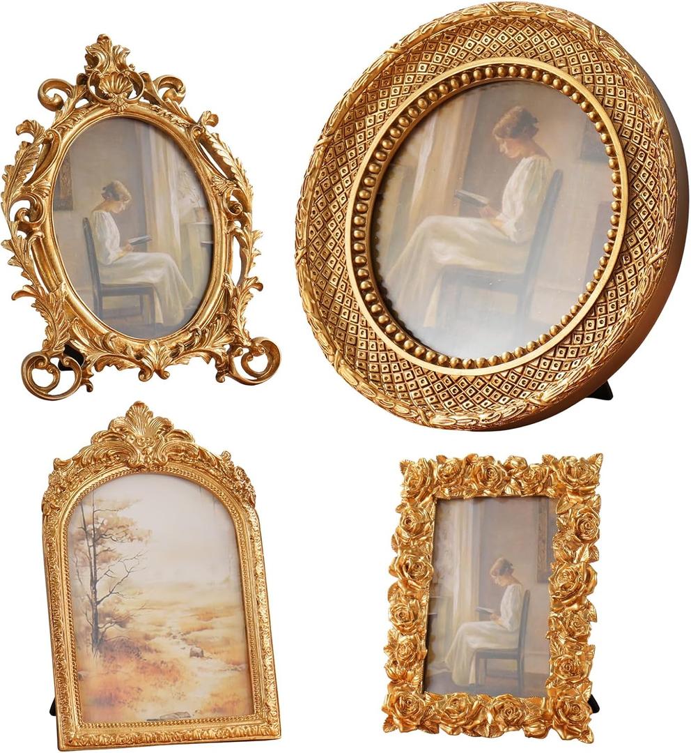 4 Pcs Gold Vintage Picture Frames for Tabletop Display Wall Hanging, Ornate Antique Photo Frame with Stand and Hanging Hook, Royal Style Wall Art Decor for Home Wedding Gallery Photography Props