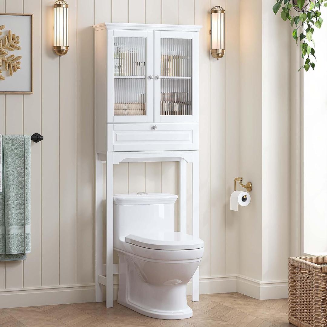Spirich Over The Toilet Storage Cabinet with Muro Glass Doors, Over Toilet Bathroom Organizer with Tilt-Out Cube and Adjustable Shelf, White, 24.6 inches x 9 inches x 65.7 inches