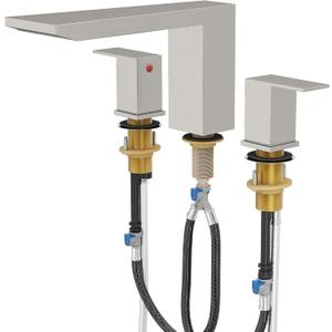 BESy Waterfall Roman Tub Faucets, Deck Mount Bathtub Faucets Set, Garden 3 Holes Two Handles Widespread Bath Tub Filler Tub Faucets with Valve, cUPC Supply Hoses, Brushed Nickel