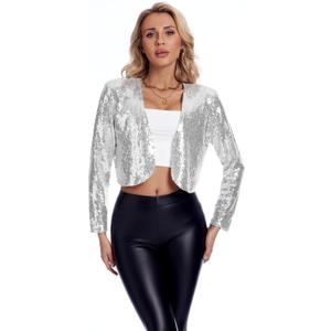 Women's Sequin Shrug Jacket Long Sleeve Open Front Glitter Blazer Bolero Wedding Party Sparkly Cropped Cardigan (Gray, M)