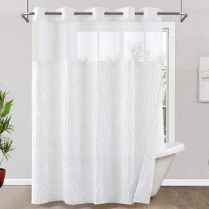 ROSERY No Hook Shower Curtain with Snap in Fabric Liner Set, Boho Farmhouse Jacquard Tufted Geometric Striped Shower Curtain for Bathroom with See Through Window, Arch Pattern, 71" W x 74" L