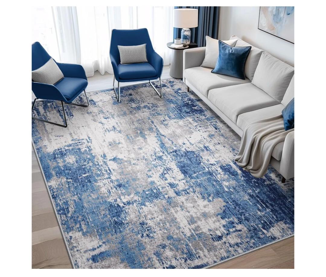 Washable Area Rugs 13 x 10, Non-Slip Modern Abstract Soft for Living Room Entryway Bedroom Nursery, Print Pattern, Blue Grey Navy Gray