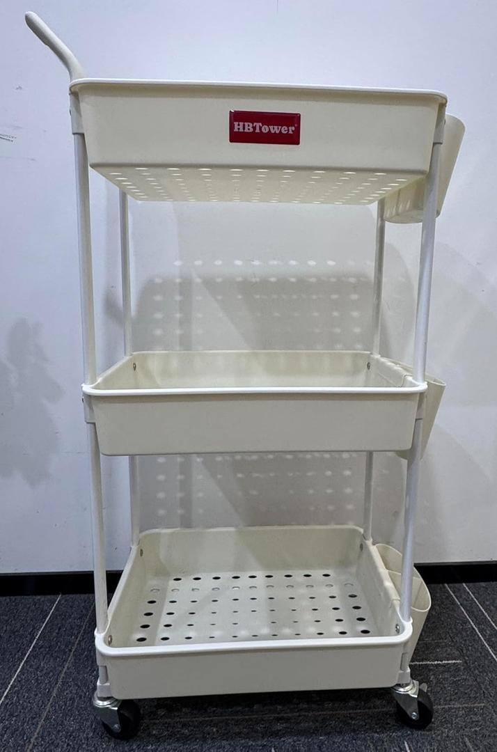 HBTower Utility Rolling Cart 3-Tier, Mobile Utility Cart with Lockable Caster Wheels,Storage Shelves Organizer Cart, 3 Hanging Baskets, Easy Assembly,for Bathroom, Kitchen, Office, Workshop
