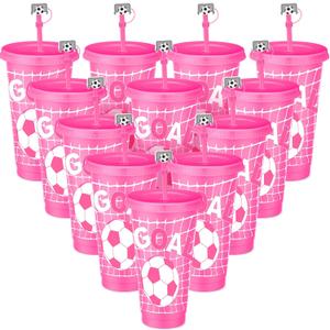 Domensi 12 Pcs Pink Soccer Plastic Tumbler with Lid and Straw 24oz Reusable Plastic Cups with Straw Cover Caps Soccer Party Favors Gifts for Fan Friend Guest Birthday Office Sport Party Supplies