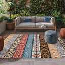 4x6 Large Area Rug Ethnic Retro Floral Waterproof Outdoor Patio Rug for Camping RV, Boho Stitching Stripe Indoor Outdoor Carpet,Washable Outdoor Mat for Porch/Deck/Backyard/Balcony/Living Room