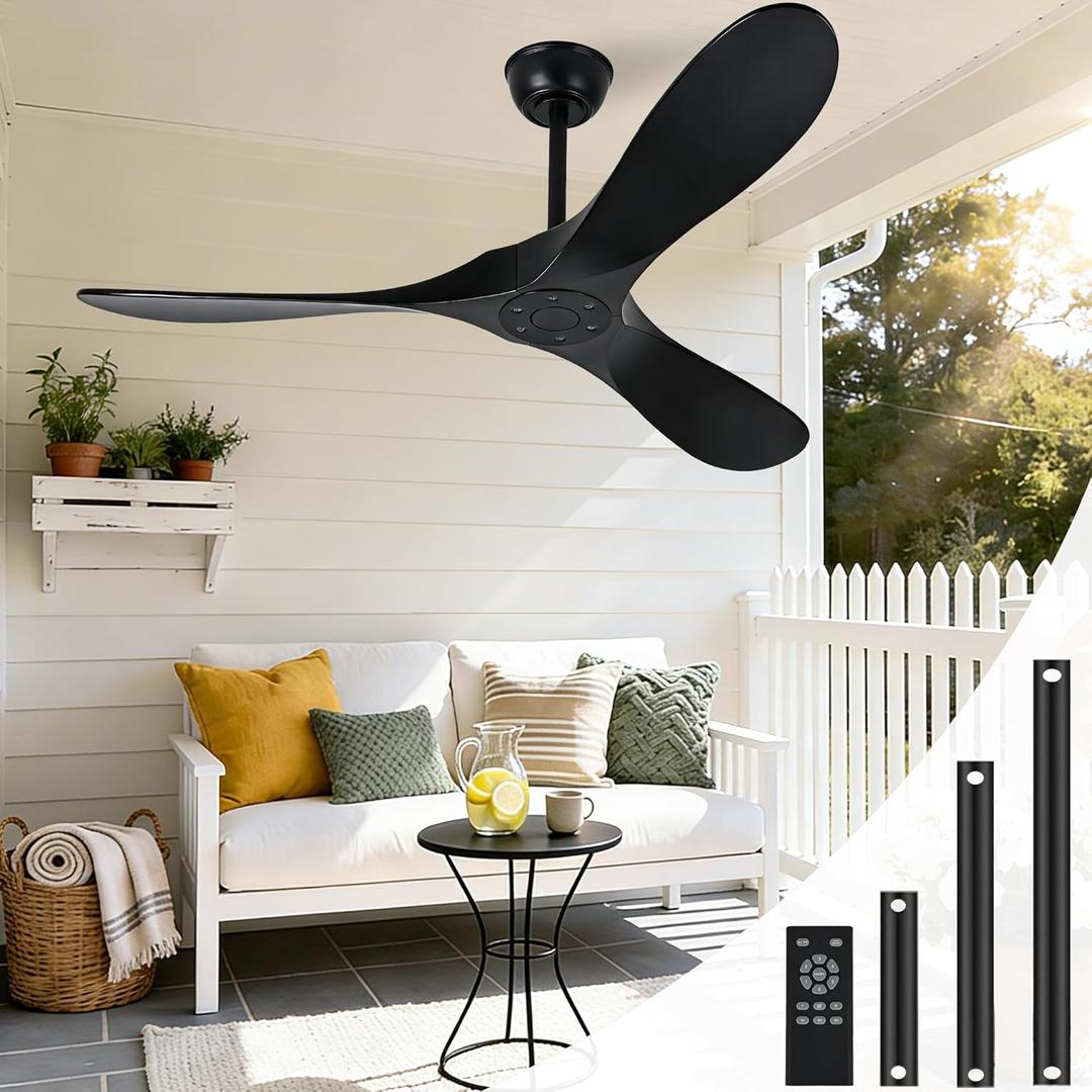 52 Inch Black Outdoor Ceiling Fan No Light, 3 Blade Wood Propeller Ceiling Fans for Patios, Wet Rated Indoor Ceiling Fan without Light for Living Room Bedroom with Remote