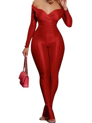 Sexy 2 Piece Outfits for Women Off Shoulder Long Sleeve Top Bodycon Pant Set Night Out Clubwears Red XL