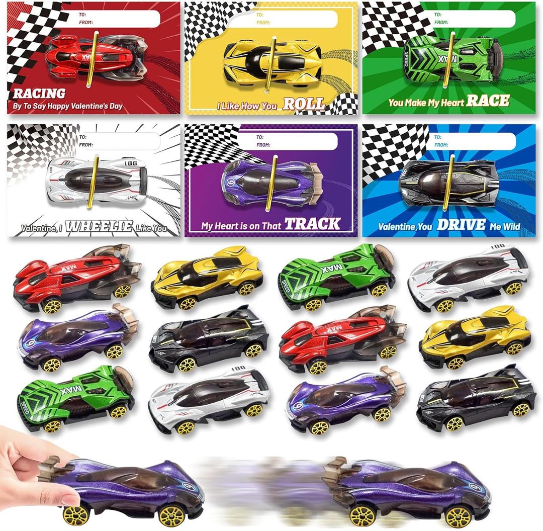 OCHIDO Valentines Day Cards for Kids with Die-Cast Racing Cars, 24 Packs Valentines Day Gifts for Kids Classroom Exchange, School Class Prizes, Valentines Party Favors for Boys and Girls