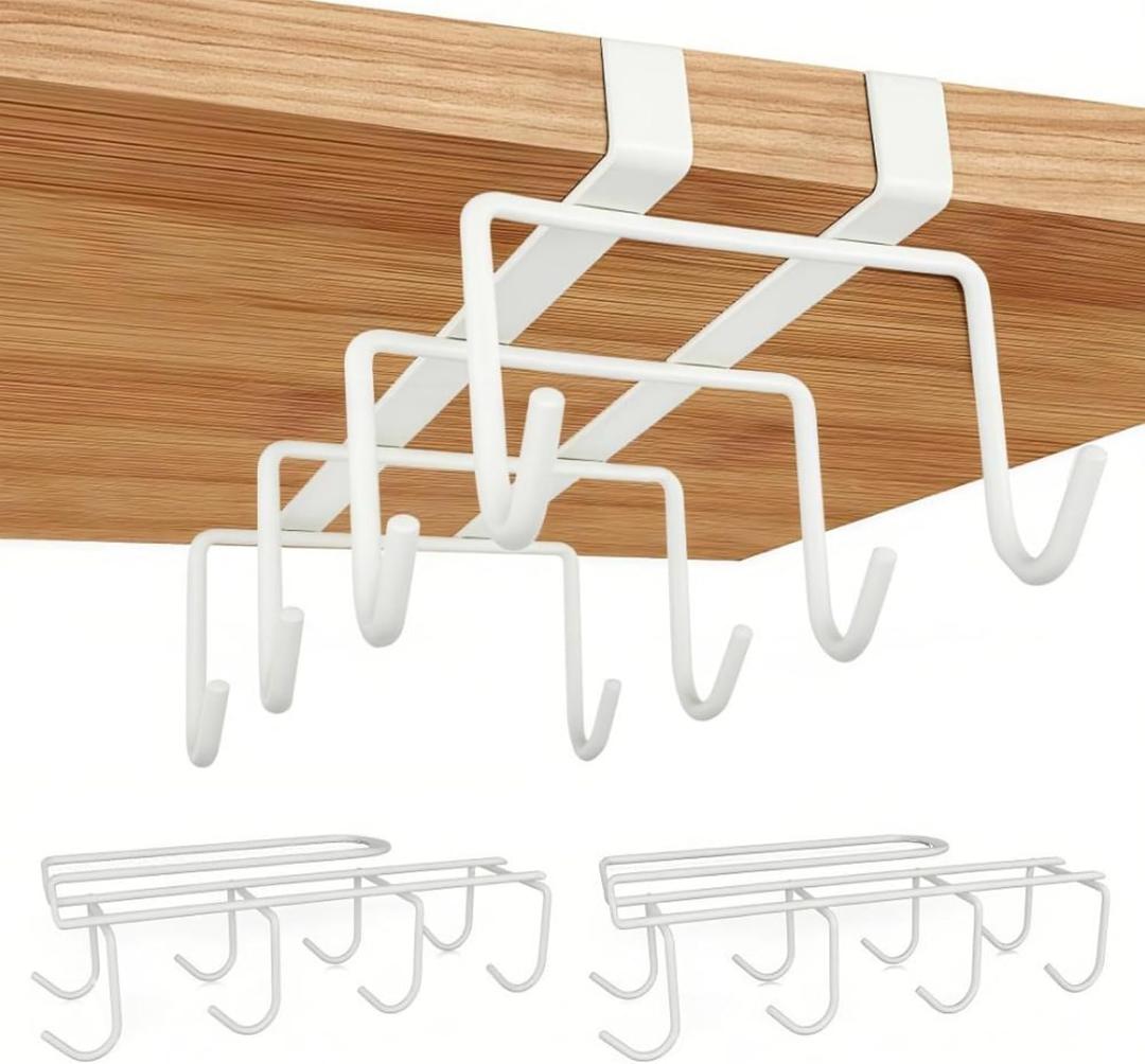 Mug Holder Under Cabinet,2pcs Coffee Mug Organizer for Kitchen,Fit for 0.8 Inch Thickness Shelf or Less,Nail Free Adhesive Coffee Cups Holder Hanger for Cups/Kitchen Utensils/Keys Storage (White)
