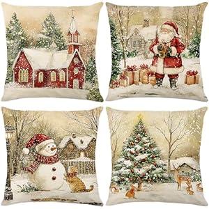 Ni-JASW Retro Vintage Christmas Throw Pillow Covers 18x18 inch Set of 4, Snowy Church Santa Snowman Tree Xmas Pillow Cases for Couch Sofa Holiday Decor