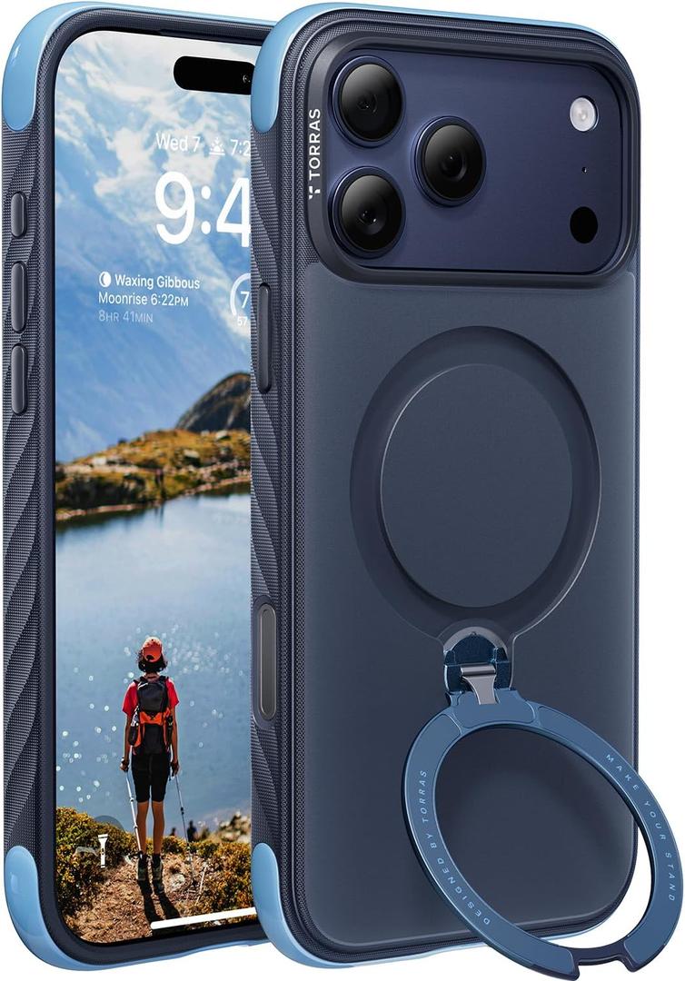 TORRAS Q3 Rugged for iPhone 17 Pro Max Case with 360 Magnetic Stand, [Tough 7X Mil-Grade Protection] Fit for MagSafe, [Anti-Slip Grippy Sides] Camera Control Button,Microfiber Lining, Deep Blue