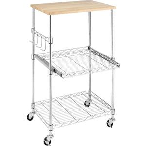 Whitmor Supreme Microwave Cart with Locking Wheels - Chrome with Food Safe Cutting Board 16 x 22.5 x 34 inches
