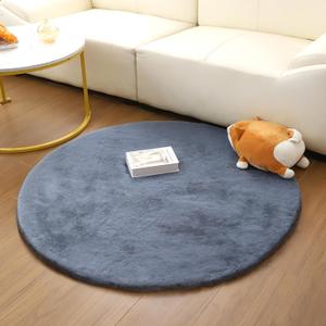 Faux Fur Round Rug 2ft, Soft Fluffy Rabbit Fur Carpet, No-Shedding Non-Slip Area Rug, Machine Washable Mat for Bedroom, Living Room, Kids Room, Pet Bed or Home Decor Grey