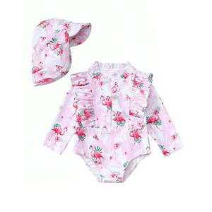 SUNNY PIGGY Baby Girl Swimsuit Long Sleeve One Piece Ruffle Zipper Bathing Suit Guard Rash for Toddler Girls Summer Swimwear with Hat Flamingo-Pink, Size 18-24M