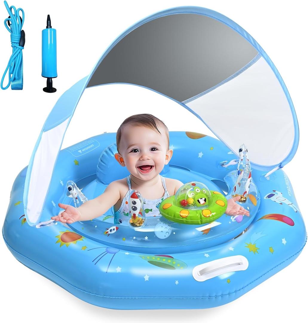 Baby Pool Float with Canopy & Toy Console,Adjustable Safe Seat,Removable UPF50+ Sunshade,Infant Pool Float for 6-36 Months,Baby Floaties 6-12 Months with Safety Handle & Rope for Pool,Sea