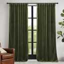RYB HOME Green Velvet Curtains 84 inch, Solid Room Darkening Window Curtains for Living Room Light & Draft Block Privacy Backdrop with Pleat Tape Pocket& Tabs, Olive Green, W52 x L84 inch, 2 Panels