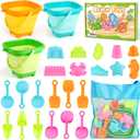 Dreamon Beach Toys for Kids 3-10, Collapsible Sand Toys Include 3 Pack Foldable Buckets, 24 PCS Beach Mold and Shovels Molds, Travel Sandbox Beach Toys for Kids Toddler with Mesh Bag