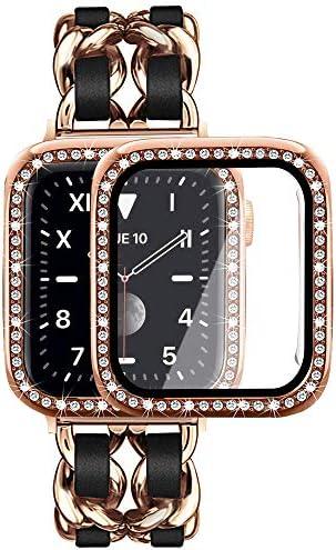 Mosonio Compatible for Apple Watch Band 44mm with Screen Protectors Case Women, Jewelry Bracelet Metal Bands with 2P Bling Cover for 44mm iWatch Series SE 6 5 4(Rose Gold Link with Black Leather)