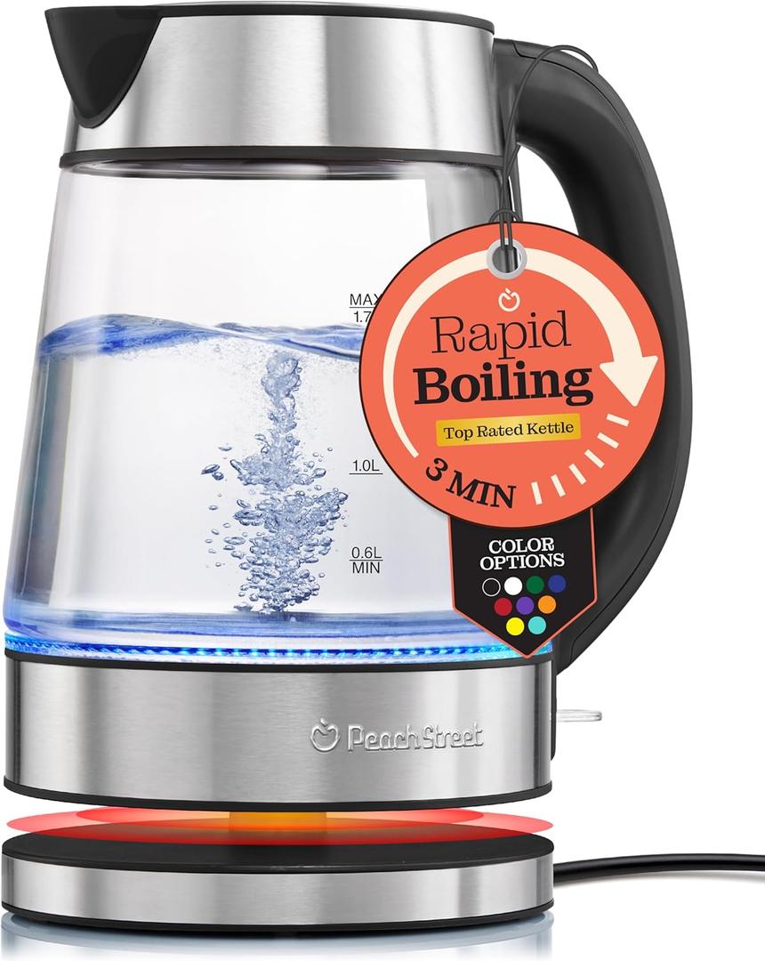 Speed-Boil Electric Kettle For Coffee & Tea - 1.7L Water Boiler 1500W, Borosilicate Glass, Easy Clean Wide Opening, Auto Shut-Off, Cool Touch Handle, LED Light. 360 Rotation, Boil Dry Protection