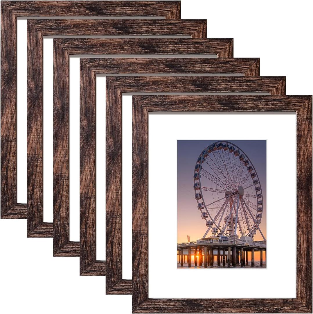 BESCRCL 8x10 Picture Frame Brown Set of 6, Display Pictures 5x7 with Mat or 8x10 Without Mat for Wall Mounting or TableTop