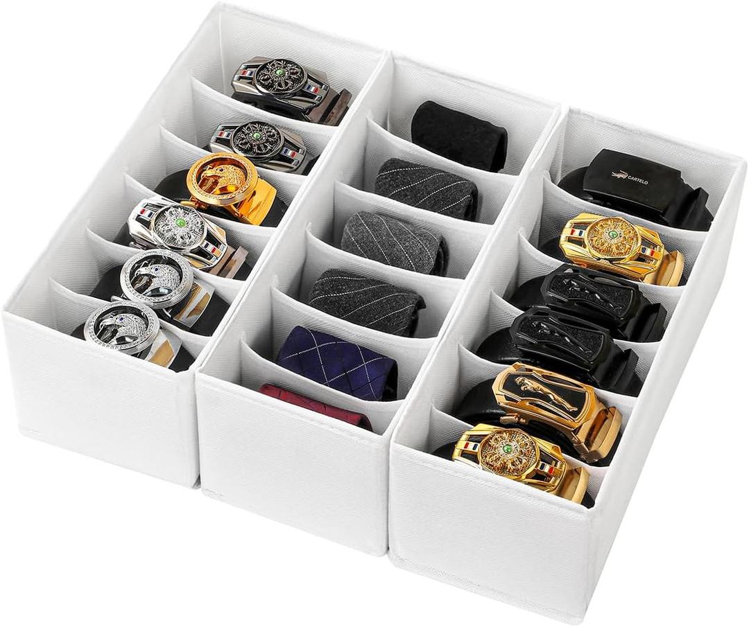 3 Packs Fabric Belt Organizer, 6 Grids Belt Organizer for Closet and Drawer, Foldable Dresser Drawer Organizers, Tie Holder -White