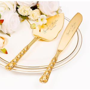 Wedding Cake Knife and Server Set, Personalized Gold Cake Cutting Set for Wedding, Engraved Classic Cake Knives Cutter Set, Pie Server, Birthday Bridal Quinceaera Gift (CUS-Bow)