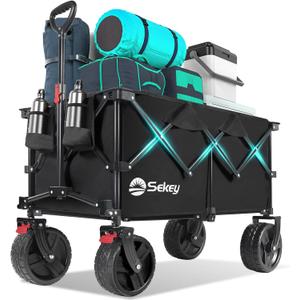 Collapsible Wagon Cart with Big All-Terrain Beach Wheels, Foldable Heavy Duty Wagons with Cup Holders, Utility Carts for Camping, Garden, Outdoor, Grocery, Sports. Black