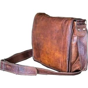 18 inch Leather Full Flap Messenger Handmade Bag Laptop Bag Satchel Bag Padded Messenger Bag School Brown (Brown), 18 x 13 x 5 inches