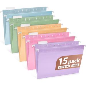 Plastic Hanging File Folders Letter Size, Colored Hanging File Folders with Tabs, Durable Waterproof Plastic Hanging Folders for Filing Cabinets, Office, School & Home Organization (15, Pastel)
