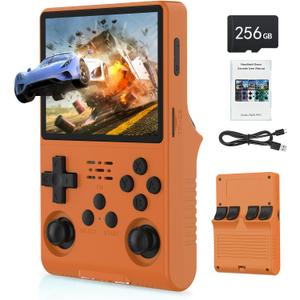 FVBADE[30000 in 1 R40S PRO Handheld Game Console 3.5 inch IPS Screen Mini Retro Console 3800mAh Portable Pocket Arcade 45+ Mainstream Emulator 256G TF Card Transparent.(Orange)