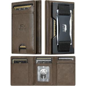 2 x furid Genuine Leather Wallet for Men: RFID Thin Trifold Front Pocket Credit Card Holder - Slim Minimalist Wallet with Metal Plates and Cash Band - Gift for Husband Father on Anniversary Birthday