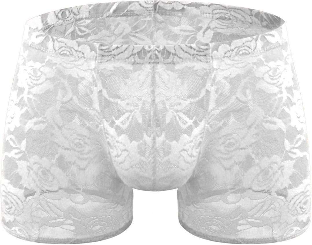 Men's Lace Boxers Underwear Seamless Lace Design with Low Waist Sexy and Comfortable Mens Under Panties (White)