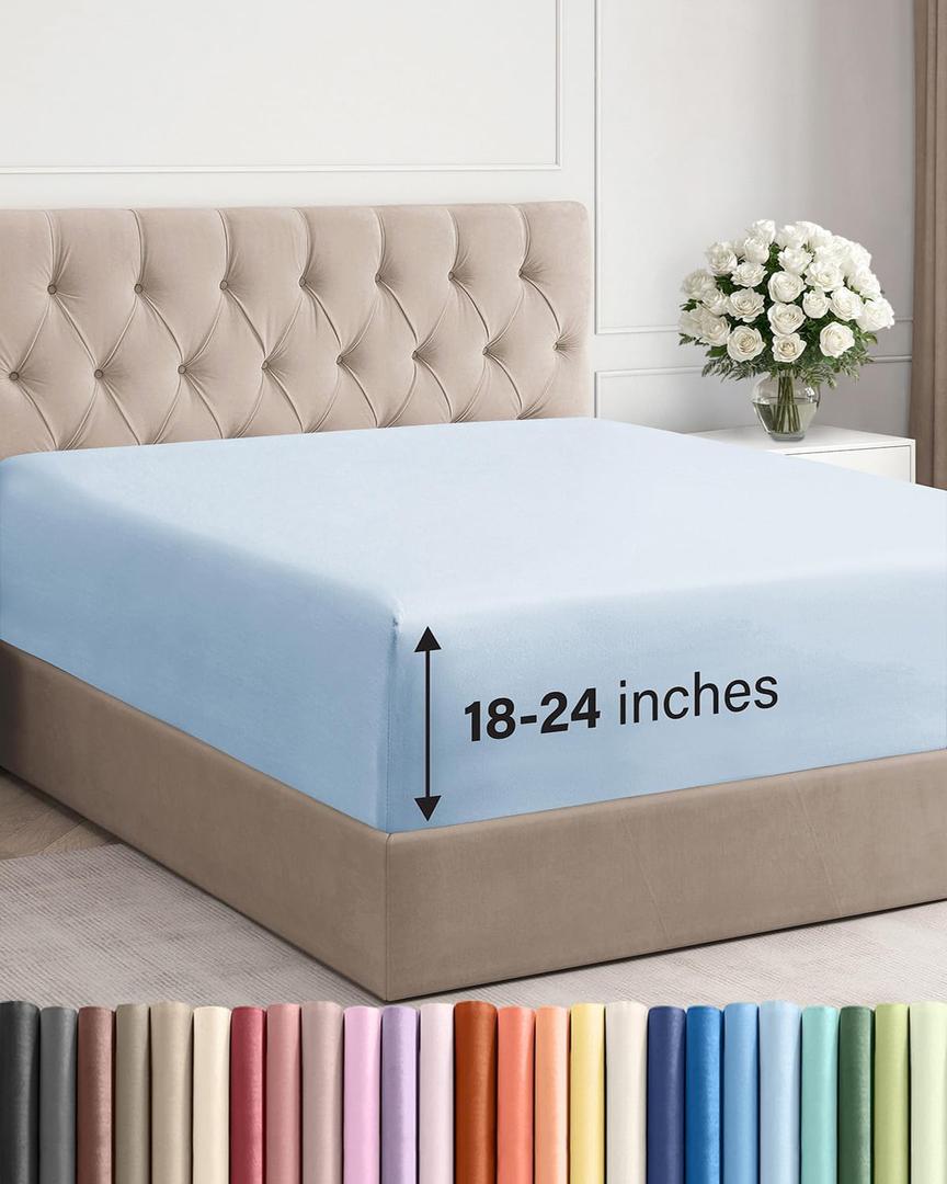 Extra Deep Queen Fitted Sheet - Hotel Luxury Single Fitted Sheet Only - Easily Fits 18 inch to 24 inch Mattress - Ultra Soft, Wrinkle & Fade Free w/Extra Deep Pockets - Breathable & Comfy - Sky Blue