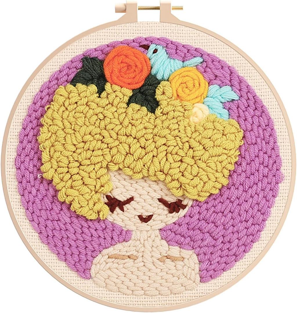 Punch Needle Kits Adults Beginner DIY Cute and Unique Cartoon Girl 8 in Hoop Embroidery Set for Beginners Perfect Gifts for Women, Moms, and Grandmas (Garden Girl)