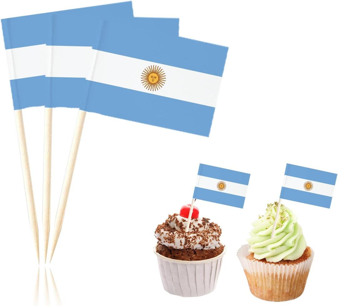 100 Pcs Argentina Flag Toothpick Cake Toppers Cocktail Food Decorations Small Mini Stick Cupcake Toppers Picks for Celebration Party Supplies