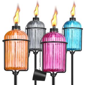 4 Pack Glass Garden Torch, 13.5 oz Colorful Outdoor Torch Garden Dcor, 61-Inch Upgraded Citronella Torches with 3-Prong Grounded Stake, Metal Light Torches for Party Patio Pathway
