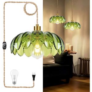 QIYIZM Plug in Pendant Light Hanging Lights with Plug in Cord Boho Hanging Lamp Glass Gold Mid Century Modern Vintage Dimmable Green Flower Plug in Chandelier Ceiling Fixture for Living Room,Kitchen
